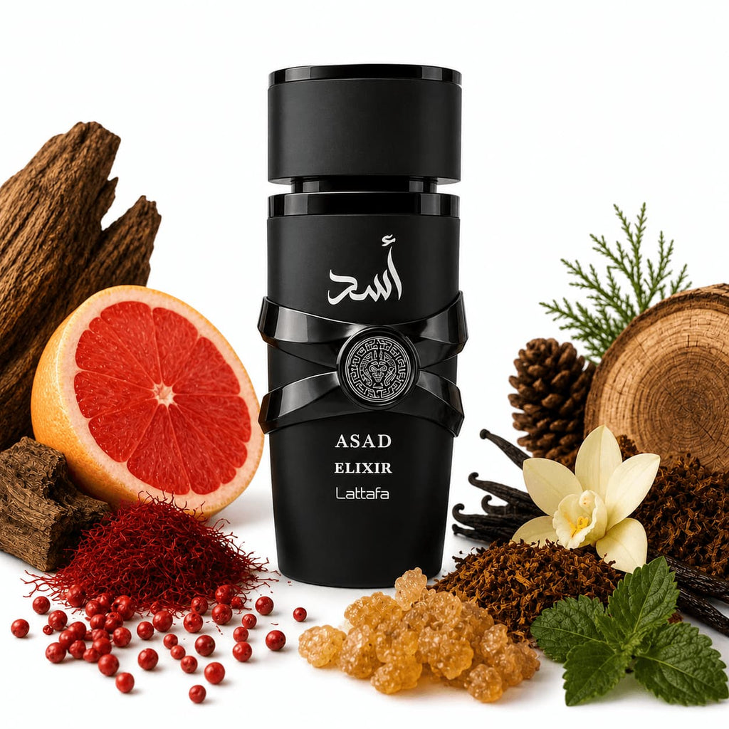 Asad Elixir Lattafa – notes olfactives, Eau de Parfum Homme 100ml ambré boisé fumé