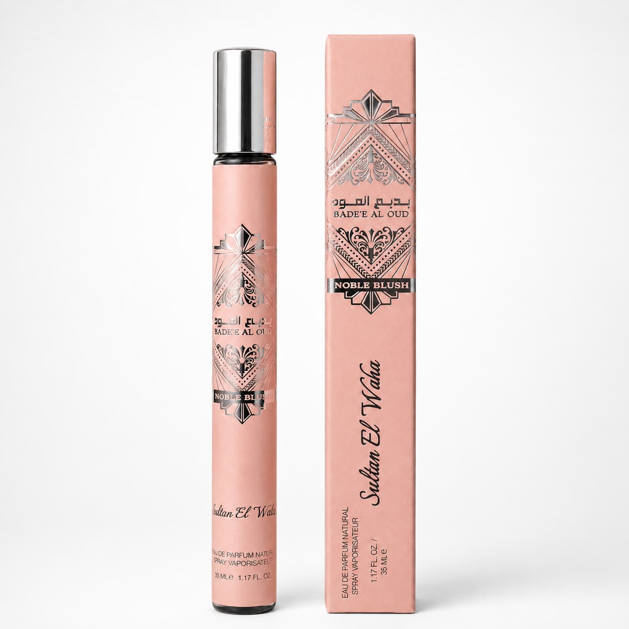 Bade'e Al Oud Noble Blush – Sultan El Waha, flacon vaporisateur et coffret Eau de Parfum 35 ml, fond blanc