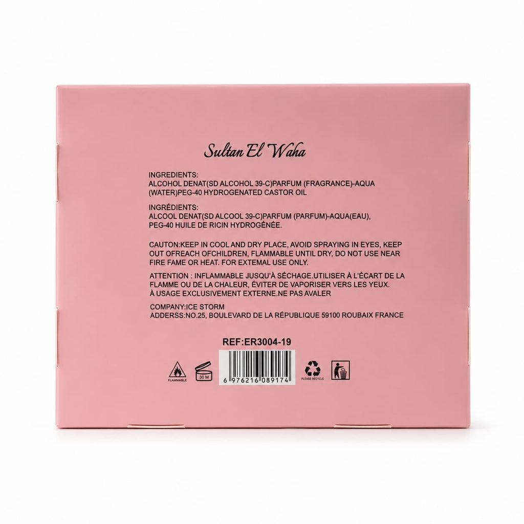 Bade'e Al Oud Noble Blush – Sultan El Waha, verso de l'étui avec ingrédients et référence produit