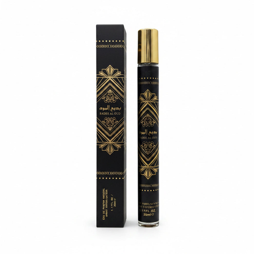 Badee Al Oud – flacon et coffret poche, Eau de Parfum unisexe 35 ml sur fond blanc