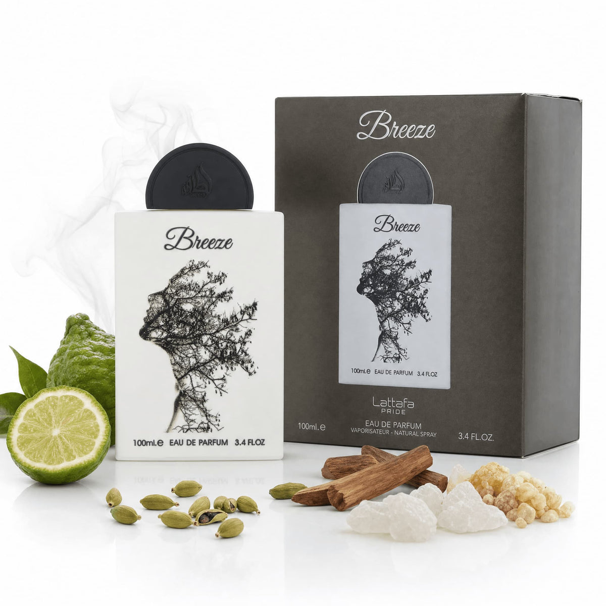 Breeze Lattafa Pride avec ses ingrédients : bergamote, cardamome et santal