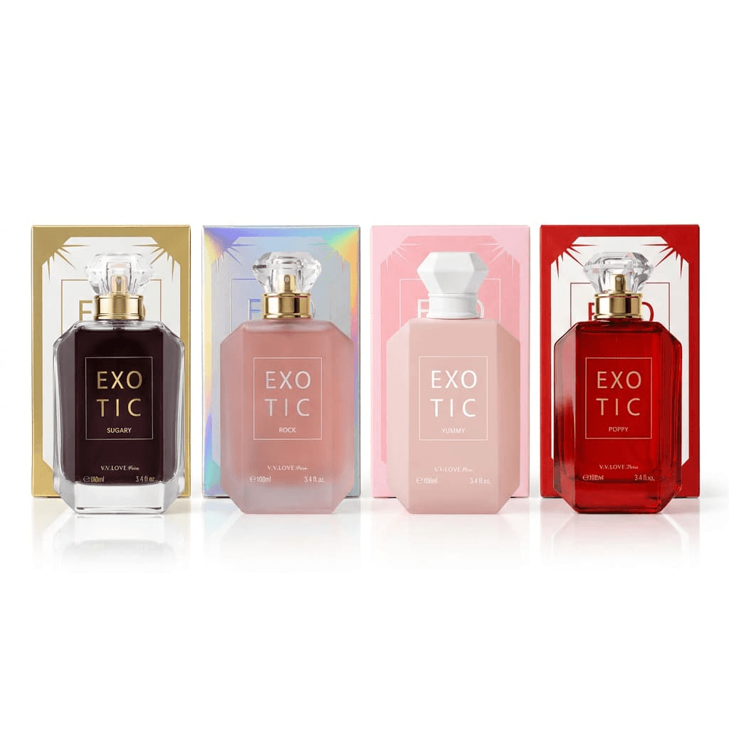 Collection Exotic V.V.LOVE Privé : Exotic Sugary, Exotic Rock, Exotic Yummy et Exotic Poppy avec leurs coffrets, Eau de Parfum 100 ml