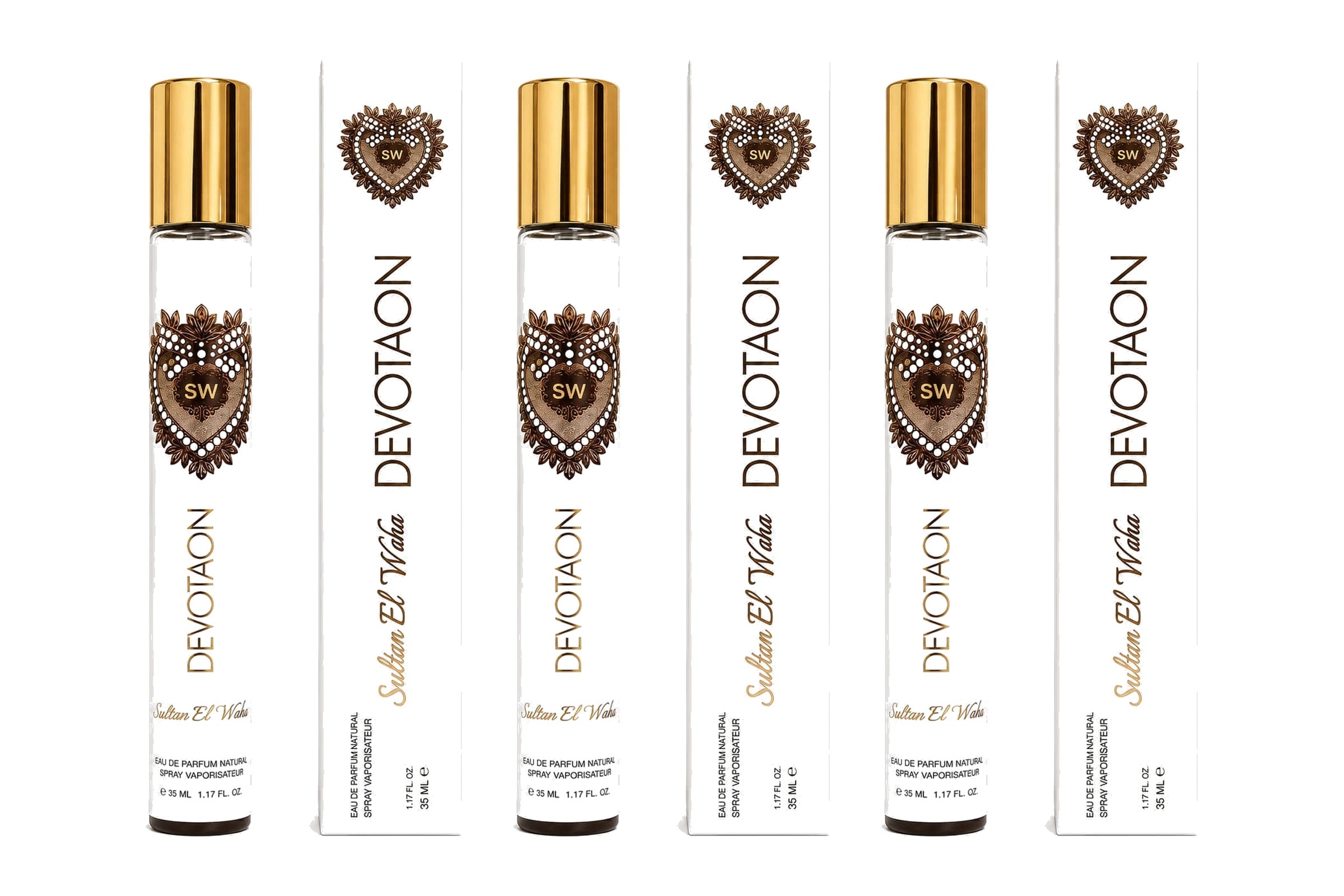Devotaon – Sultan El Waha, lot de 3 flacons et coffrets 35 ml sur fond blanc