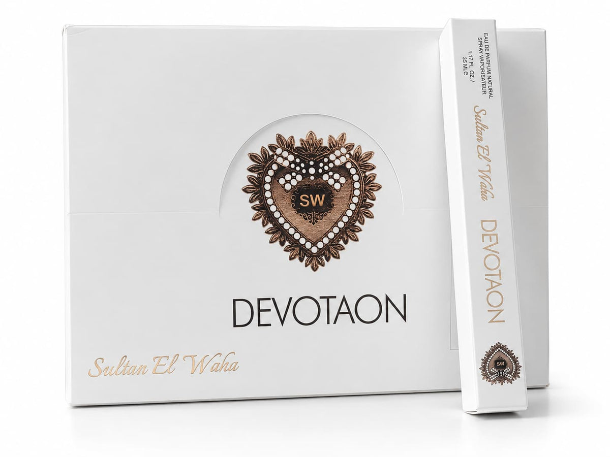 Devotaon – Sultan El Waha, coffret et étui Eau de Parfum 35 ml, fond blanc