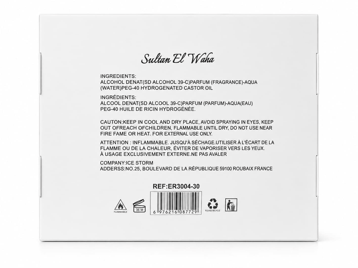 Devotaon – Sultan El Waha, verso de l'étui avec ingrédients et référence produit