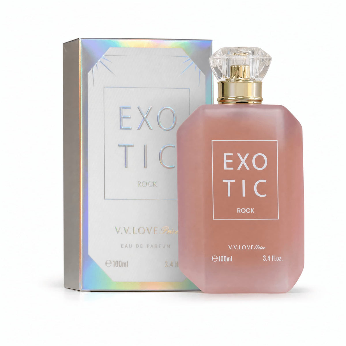 EXOTIC ROCK V.V.LOVE Privé - coffret et flacon vue de face, Eau de Parfum Vanillé Unisexe 100 ml