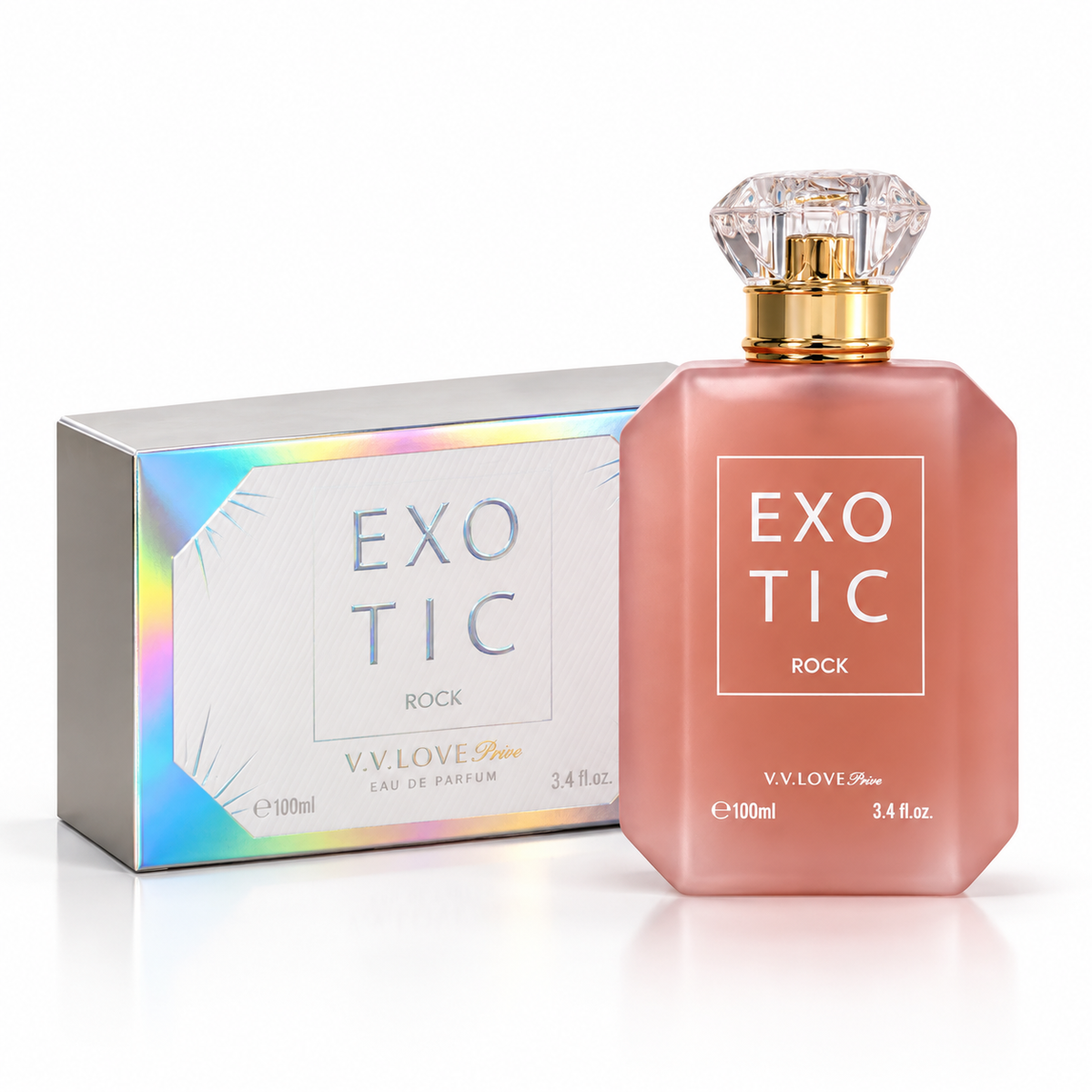 EXOTIC ROCK V.V.LOVE Privé - coffret holographique et flacon sur fond blanc, Eau de Parfum Vanillée Unisexe 100 ml