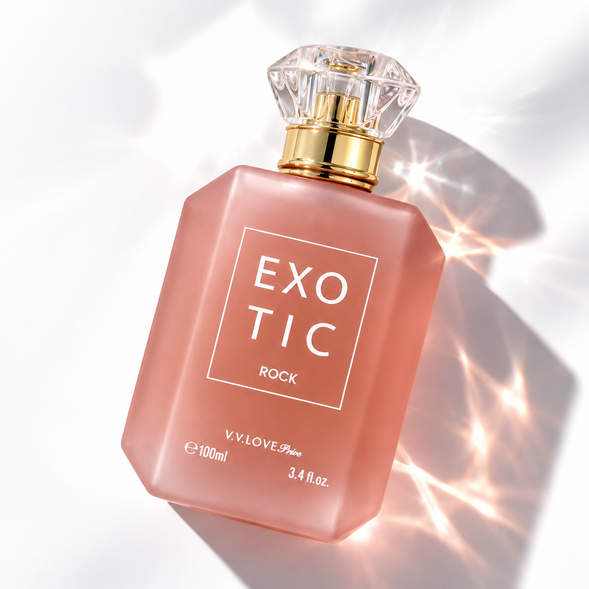 EXOTIC ROCK V.V.LOVE Privé - flacon rose et doré sous reflets de lumière, Eau de Parfum Vanillée Unisexe 100 ml
