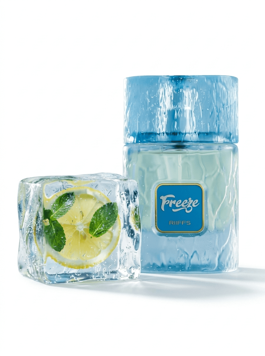 Freeze Riiffs Extrait de Parfum mixte 100 ml — flacon bleu givré avec glaçon, citron vert et menthe évoquant la fraîcheur glacée