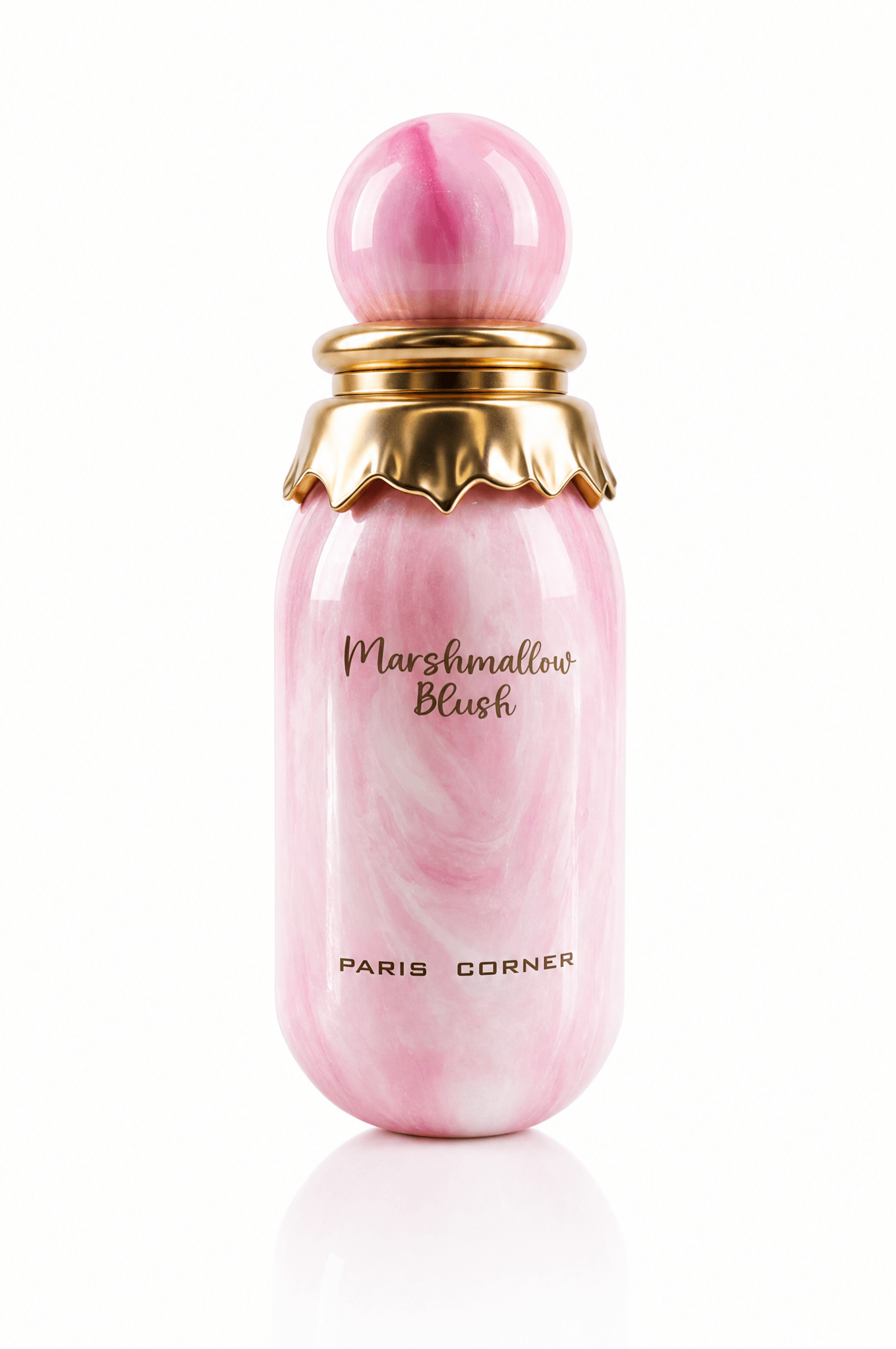 Flacon Marshmallow Blush Paris Corner marbre rose et couronne dorée, eau de parfum 100 ml sur fond blanc