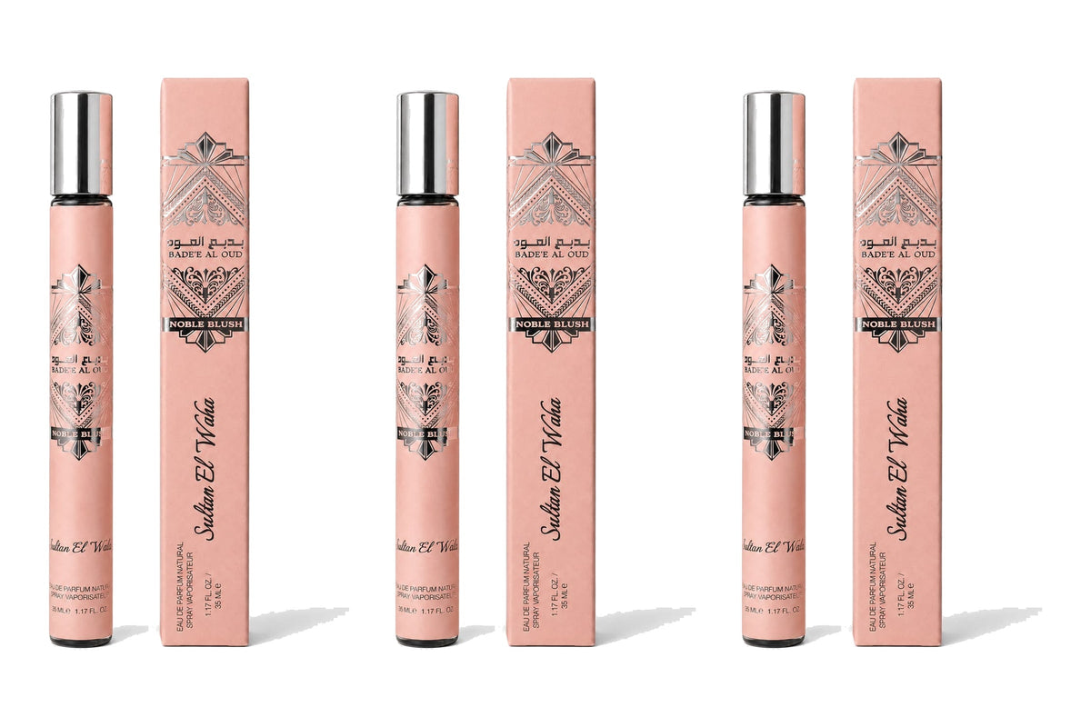 Bade'e Al Oud Noble Blush – Sultan El Waha, lot de 3 flacons et coffrets 35 ml sur fond blanc