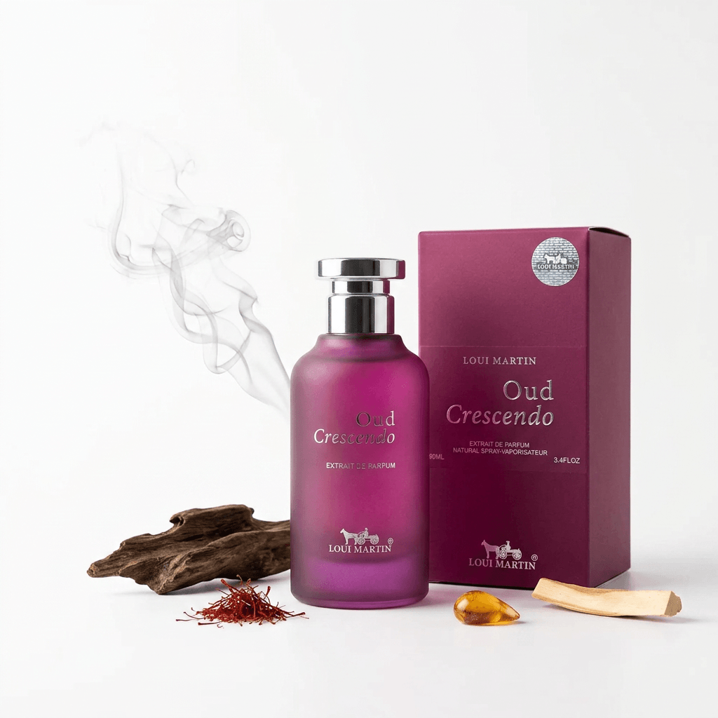 Flacon et coffret Oud Crescendo Loui Martin, extrait de parfum oriental boisé unisexe 100ml