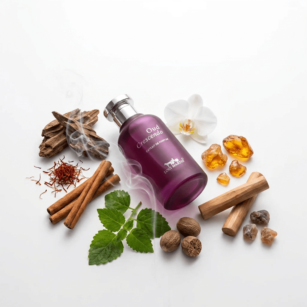 Oud Crescendo Loui Martin extrait de parfum oriental avec safran, oud, cannelle et bois précieux