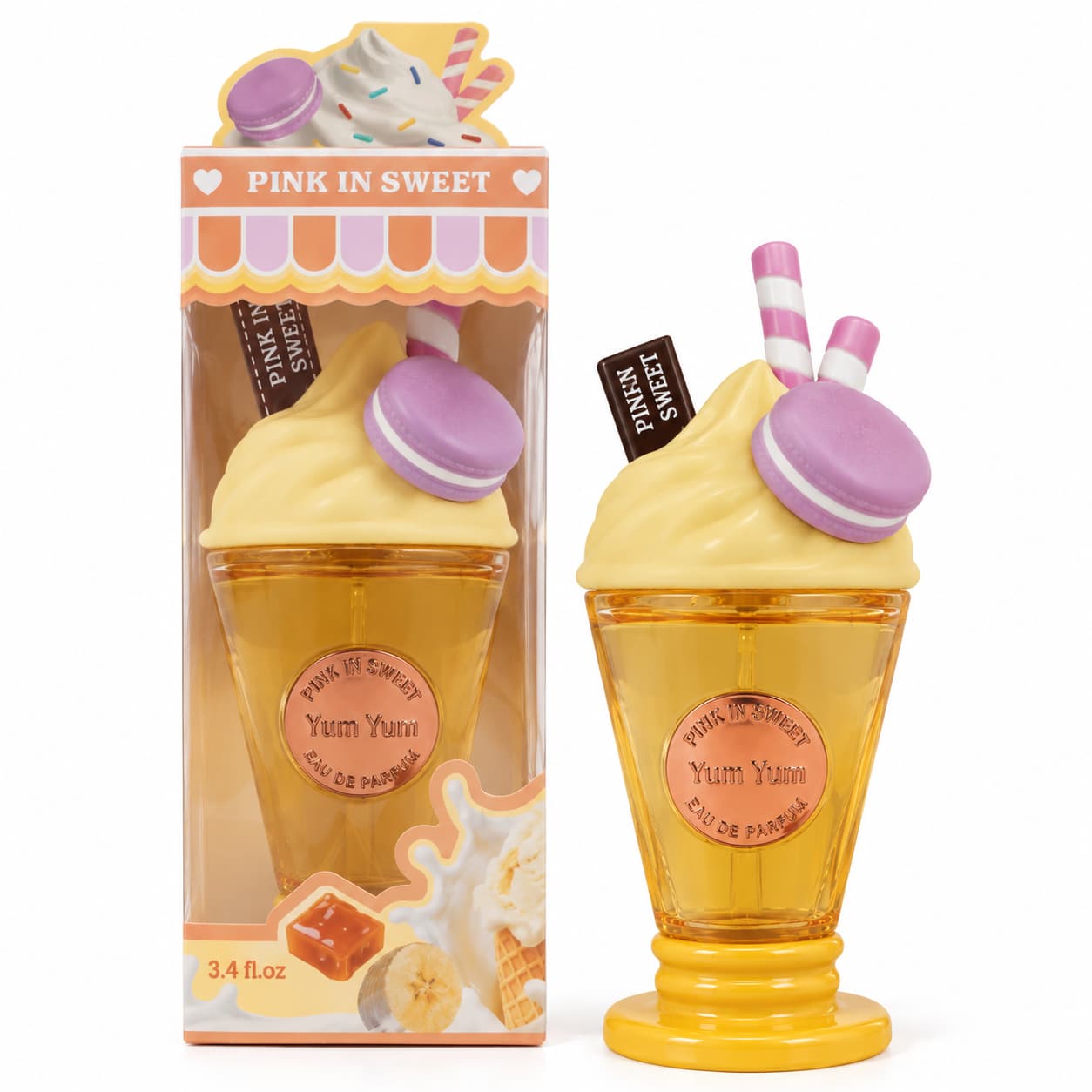 Flacon parfum gourmand en coupe glacée jaune banane caramel – senteur Banane Caramel SERANIX