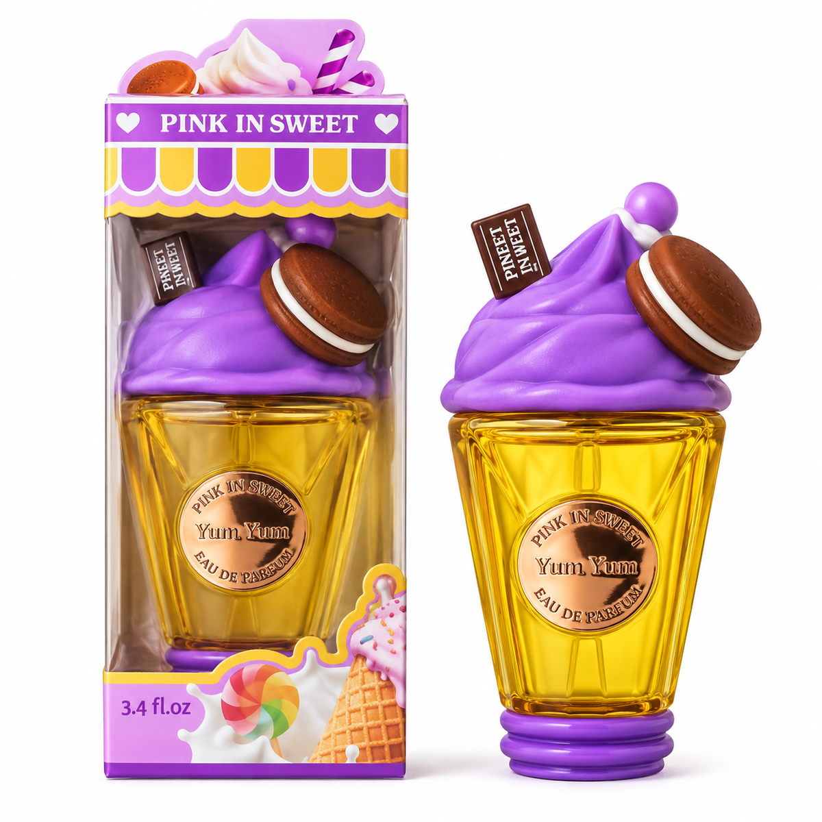 Flacon parfum gourmand en coupe glacée violette avec macaron – senteur Barbe à Papa Sucrée SERANIX