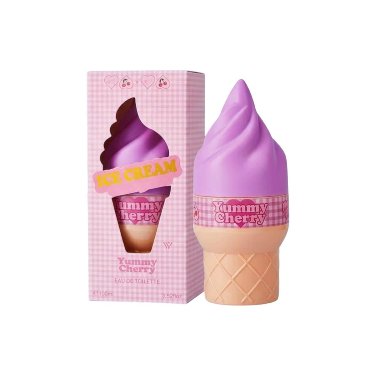 Flacon parfum gourmand en forme de cône glacé violet cerise – senteur Cerise Gourmande SERANIX