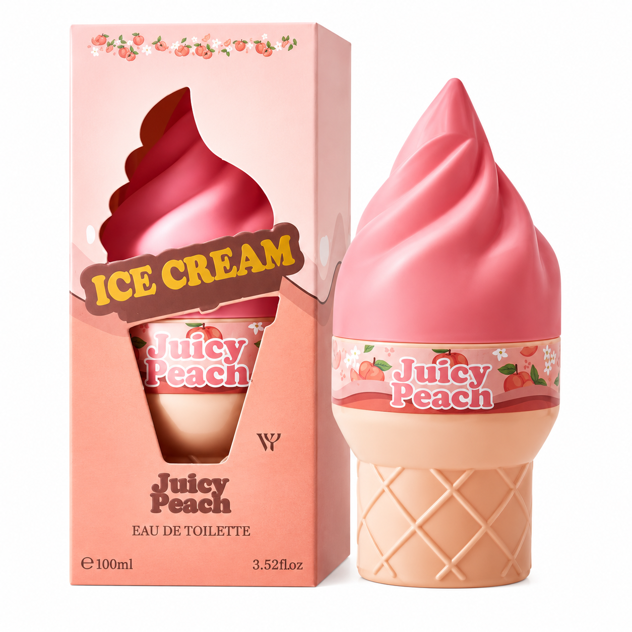 Flacon parfum gourmand en forme de cône glacé rose pêche – senteur Pêche Juteuse SERANIX
