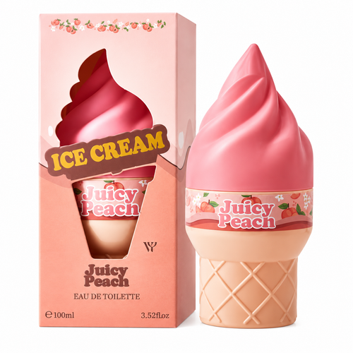 Flacon parfum gourmand en forme de cône glacé rose pêche – senteur Pêche Juteuse SERANIX
