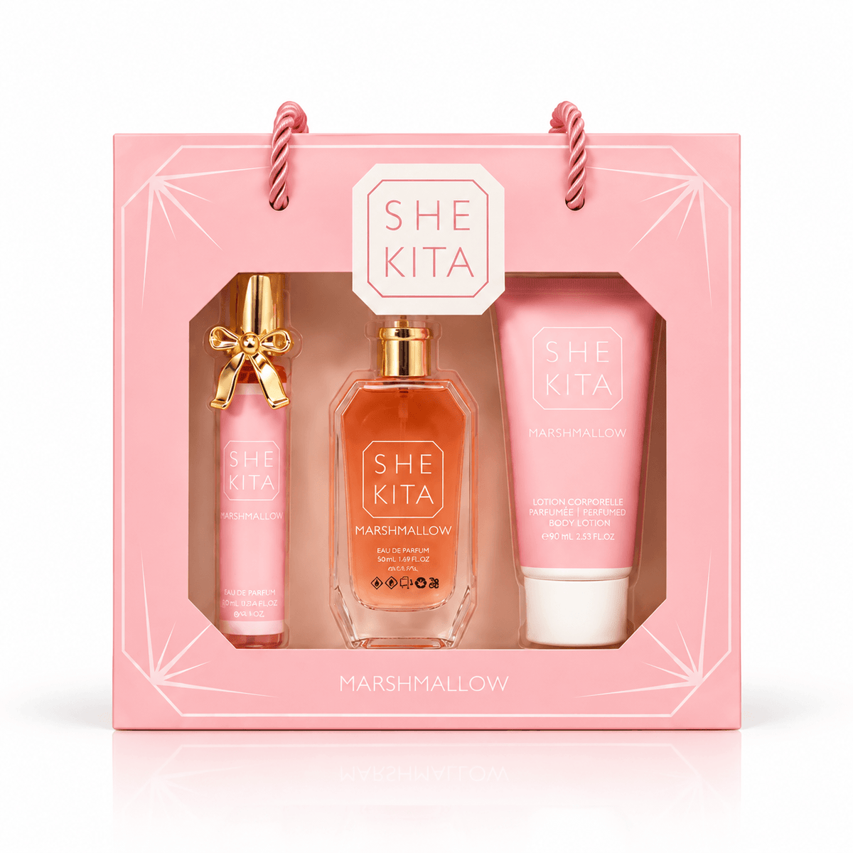 Coffret SHE KITA Marshmallow - coffret rose vu de face, eau de parfum 50 ml, 20 ml et lotion 90 ml