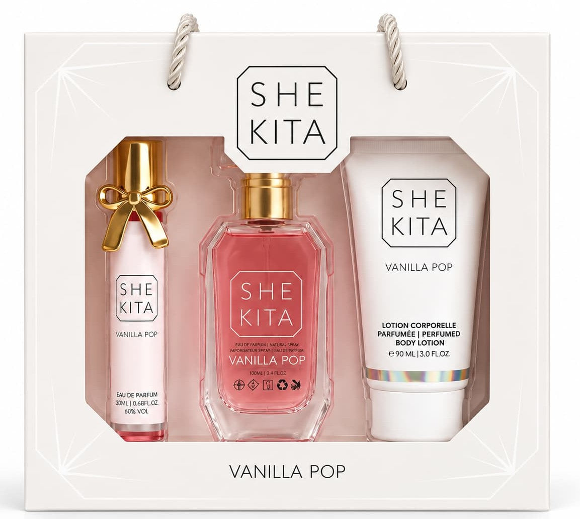 Coffret SHE KITA Vanilla Pop - coffret vu de face, eau de parfum 50 ml, 20 ml et lotion 90 ml